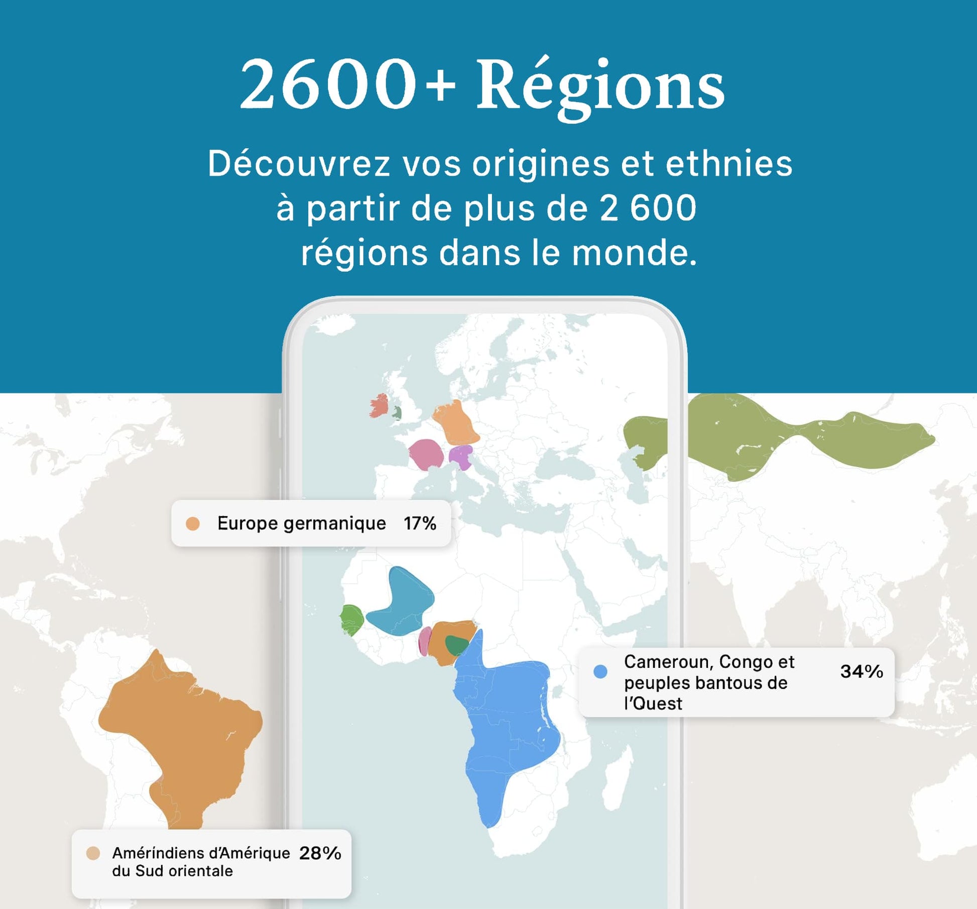Carte des régions d’origine avec un test ADN, plus de 2600 régions génétiques analysées.